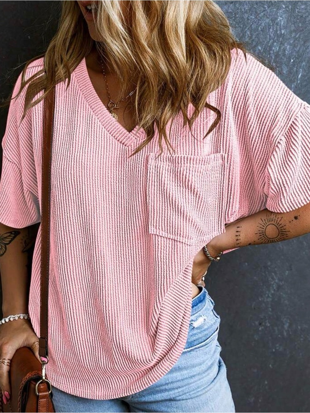 Women’s Waffle-Knit V-Neck Pocket Tee in Pink
